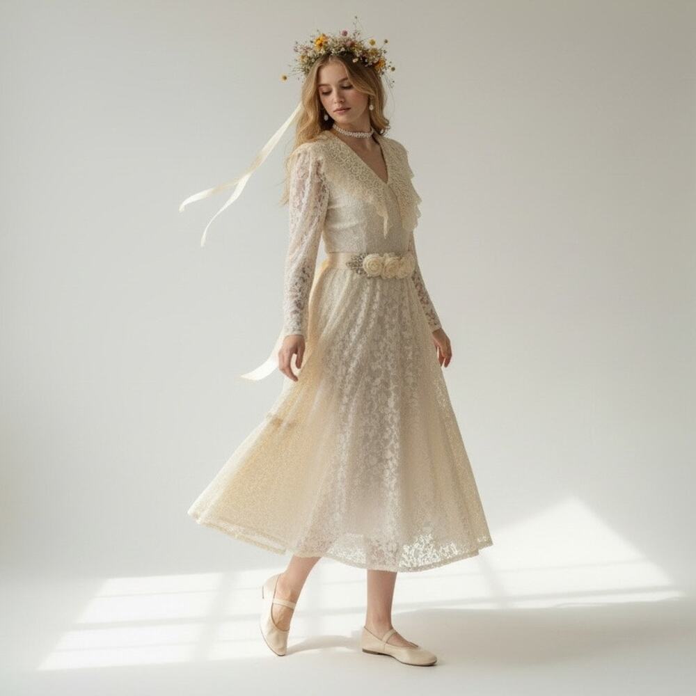 Vintage 70s/80s Jessica McClintock Gunne Sax Sz 8 Cottagecore Wedding Gown Dress